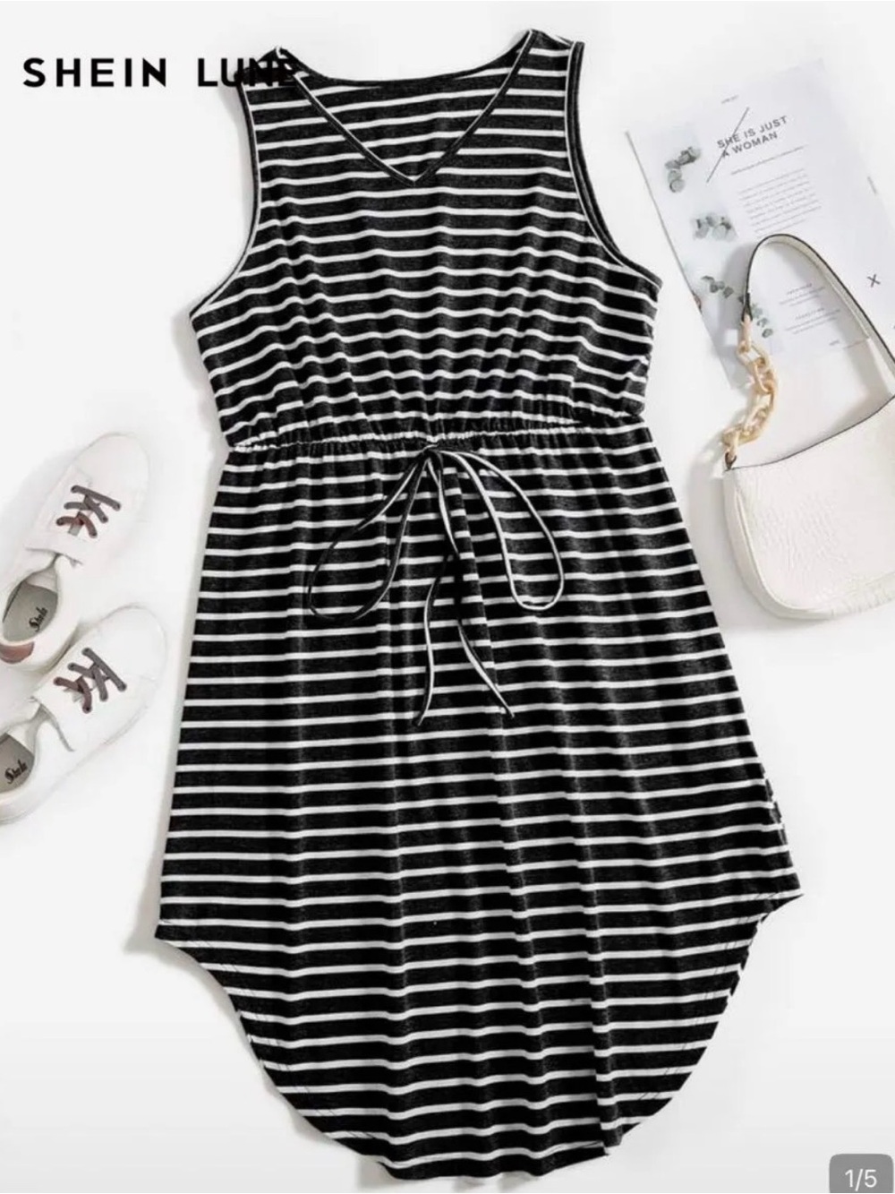 SHEIN Black & White Striped High-Low Drawstring Dress